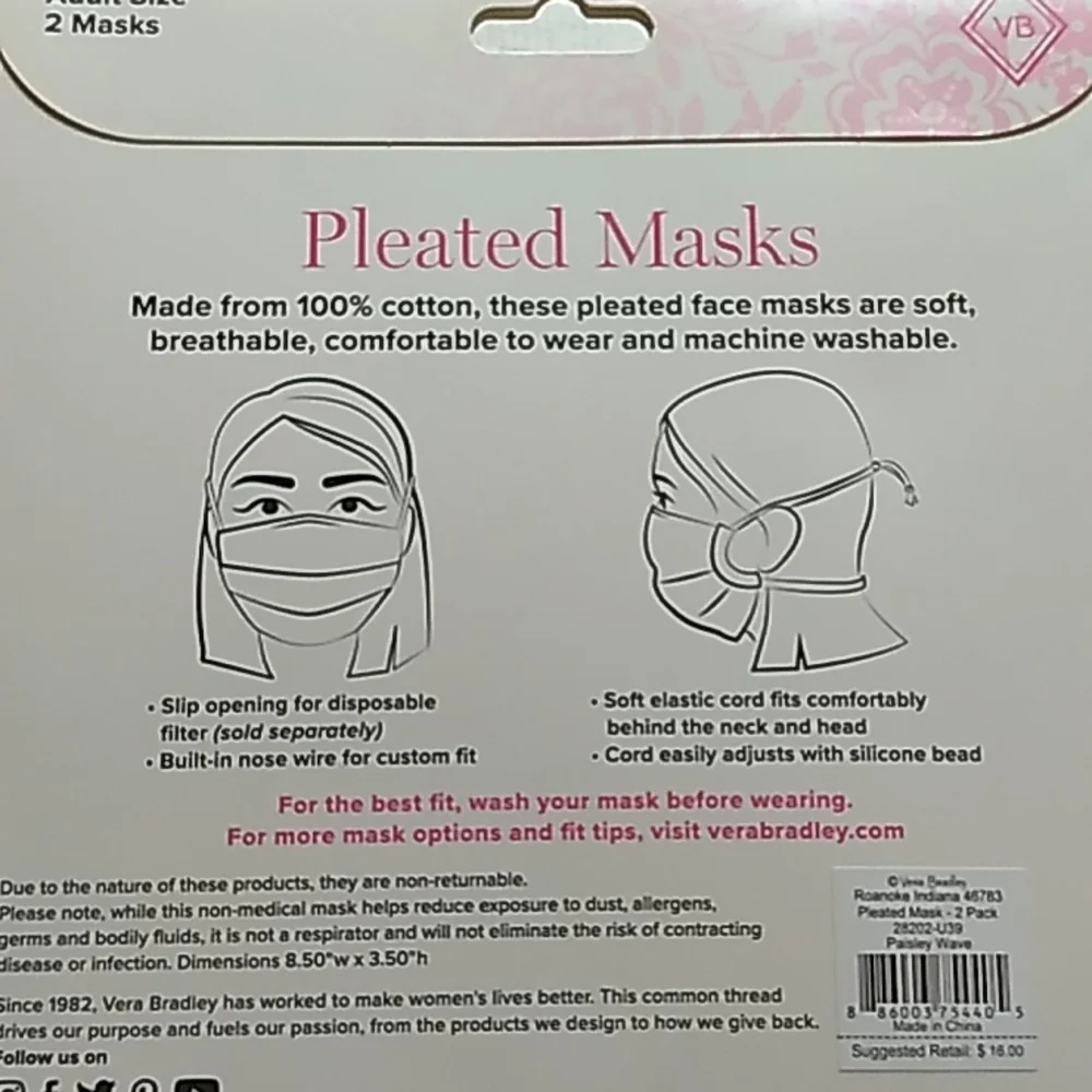 2 Pleated Masks Vera Bradley in pastel themed. Non Medical
